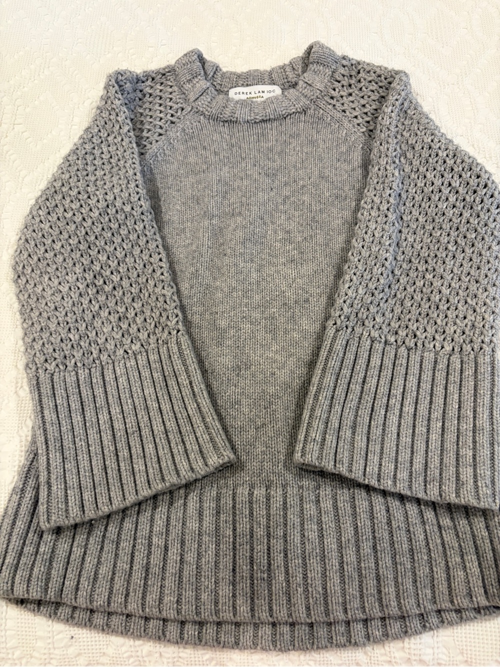 Derek Lam Light Gray Textured Knit Wool & Cashmere Crewneck Sweater